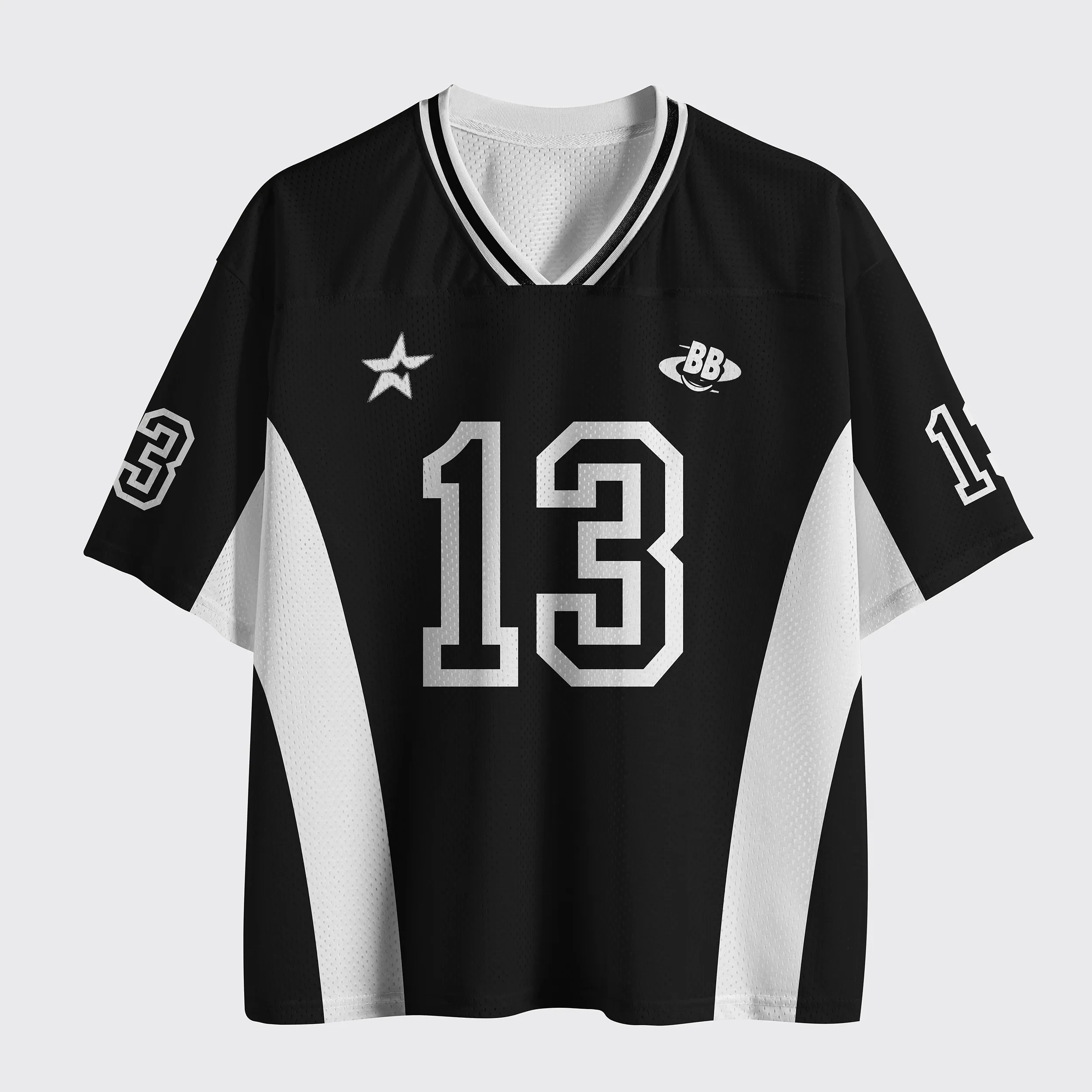 Trending Must‑have V‑Neck Mesh Sports Jersey Top Rated Retro Sporty Geometric Panel 13 Star Graphic Print Short Sleeve Tops