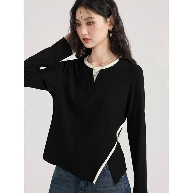 Black Cotton Long Sleeve T, Shirt Women Contrast Color Split, Hem Faux Two Piece Top, Casual Loose Blouse Autumn Fashion, Tee