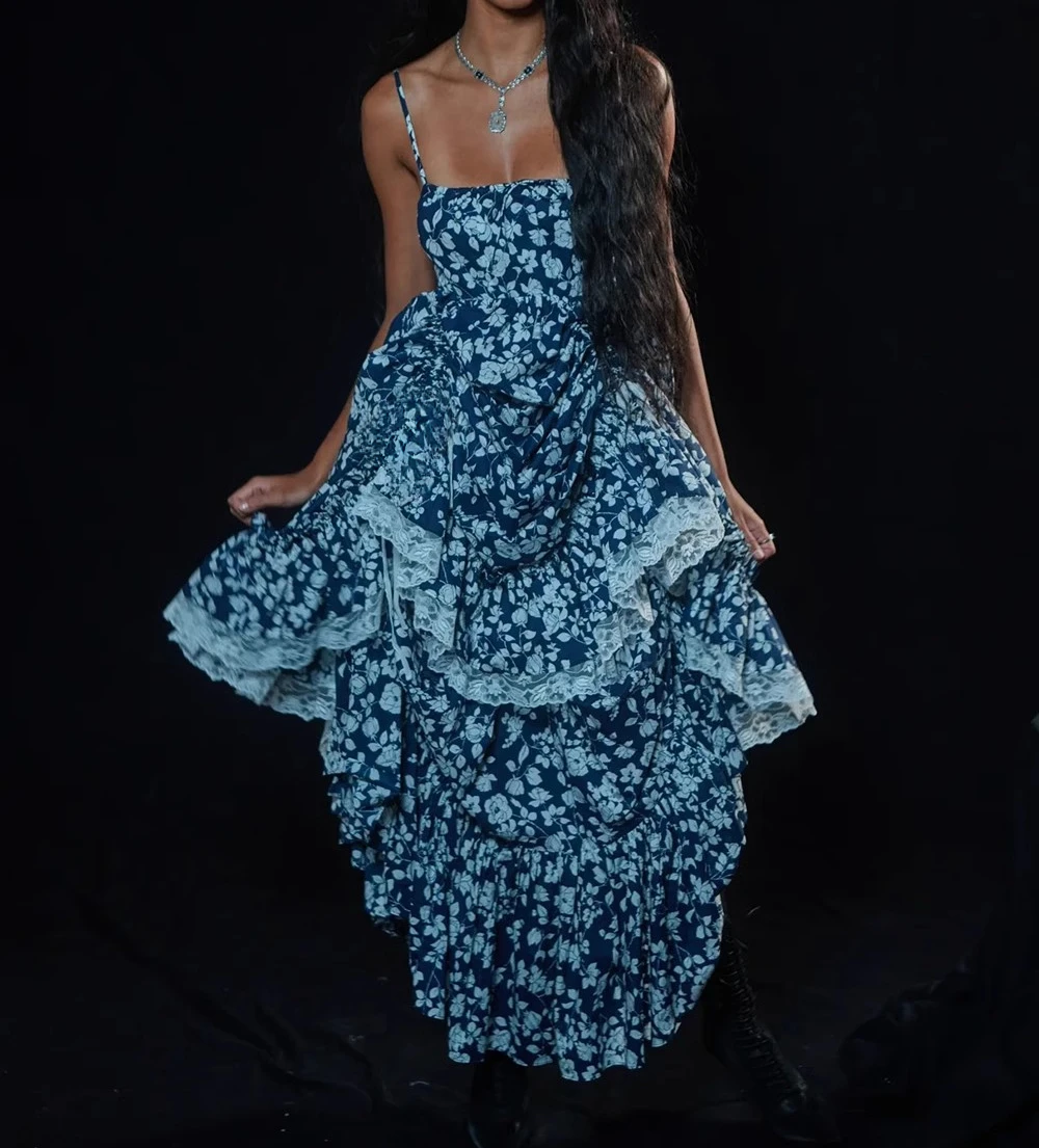 Floral impresso em camadas babados elegante vestido feminino sem mangas amarrado roupas de espaguete senhora streetwear chique vestidos bodycon