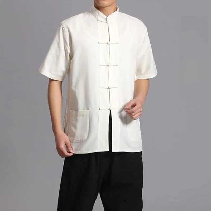 New Chinese Style Buttons Summer Short Sleeve Cotton Linen Lightweight Men's Tang Suit Top Thin Fabric Traditional Hanfu Clot...