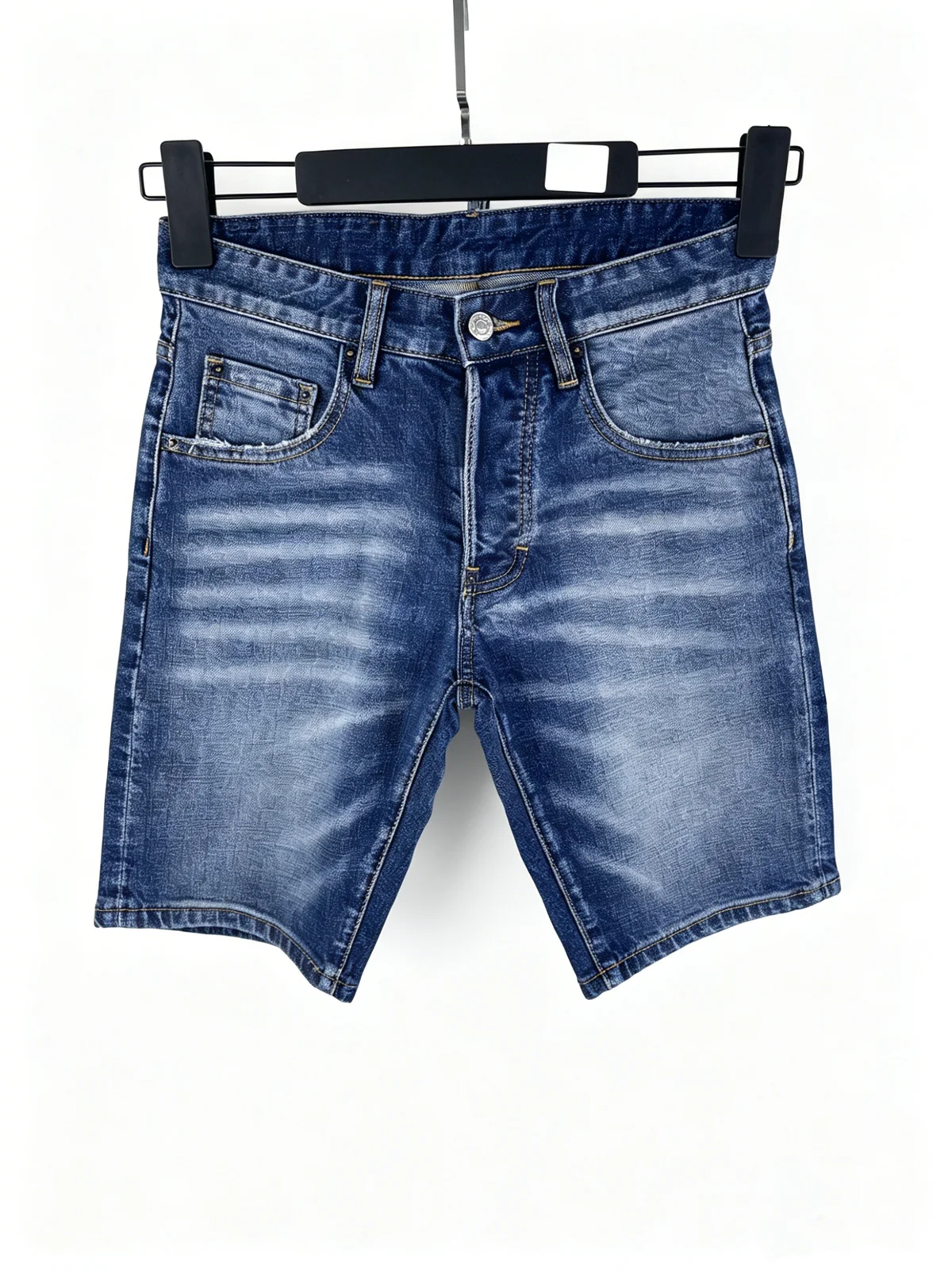 D604 Summer New Men's Jeans Washed Ripped Patch Printed Slim-fit Micro-elastic Blue Denim Shorts for Men