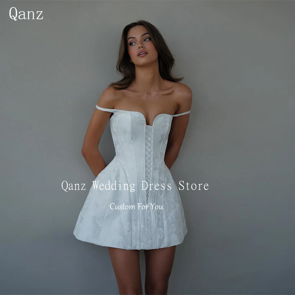 

Qanz White Mini Wedding Party Dresses Off Shouler Detachable Puff Sleeves Bridal Gowns Above Knee Vestidos De Novia Customized