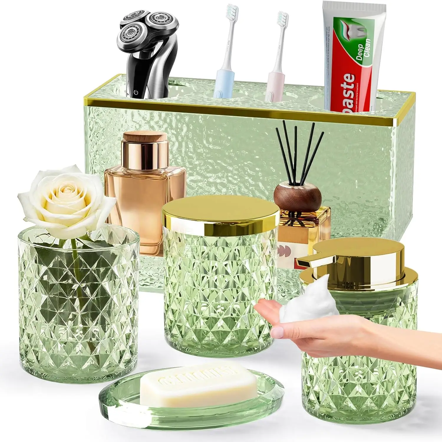 

5-Piece Crystal Bathroom Set: Soap Dispenser, Dish, Cup, Toothbrush Holder with Tray, Qtip Jar in Green