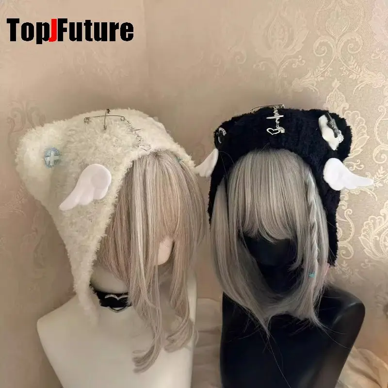 Women\'s Harajuku Steampunk Y2K Gothic Japanese Soft Girl Dilei Series  Little Angel Wings Bear ear knitted hat wing  bone