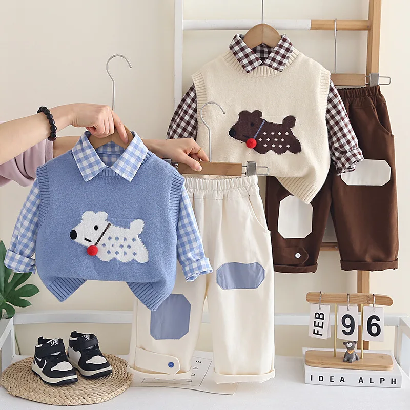 

Комплекты одежды для мальчиков, весенне-осенние детские вязаные жилетки, рубашки, брюки, модный костюм из 3 предметов для малышей, спортивные костюмы, детская одежда для малышей до 5 лет