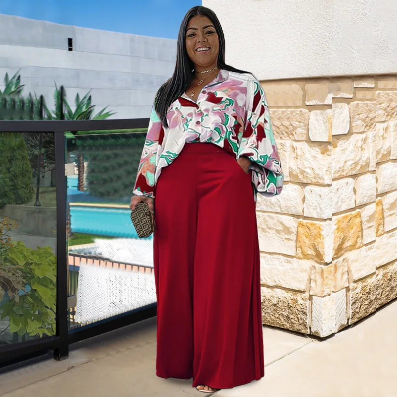 Loose Shirt Wide Leg Pants Full Sets XL-5XL 2024 new African women's temperament commuter plus size Women's Pant Sets