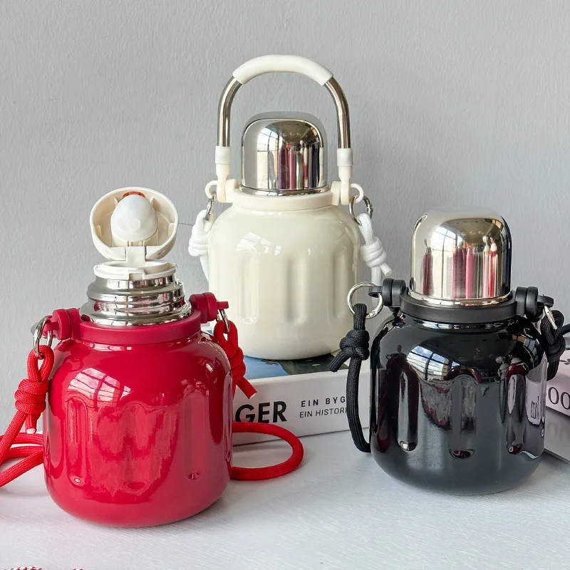 

800ml Large-capacity Thermal Water Bottle With Handle And Pull Cord,Double-layer Stainless steel Vacuum Drinkware,Thermos Cup