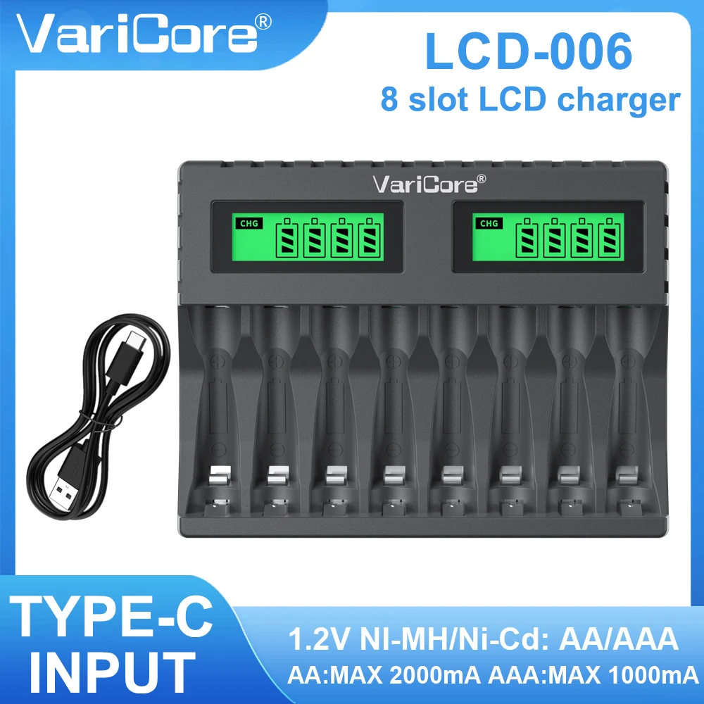 شاحن بطارية VariCore LCD-006 ذو 8 فتحات لبطاريات AA AAA Ni-MH القابلة لإعادة الشحن، شاحن ذكي عالمي مع شاشة LCD #2