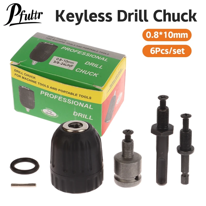 6Pcs 0.8-10mm Keyless Drill Chuck Kit 3/8