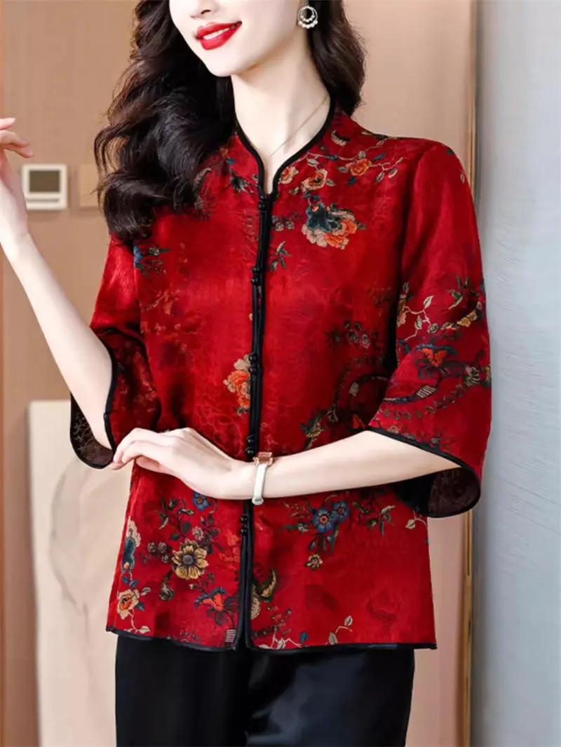 Women's Top Mom Summer Middle And Elderly Silk Shirt 2024 Fashion Retro Fashion 3/4 Sleeve Printed Blusa K1081