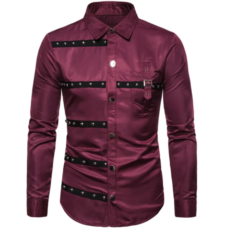 #4619 Black Green Red Streetwear Hip Hop Shirt Men Reivet Party Club Gothic Long Sleeve Mens Shirts Regular Fit High Quality
