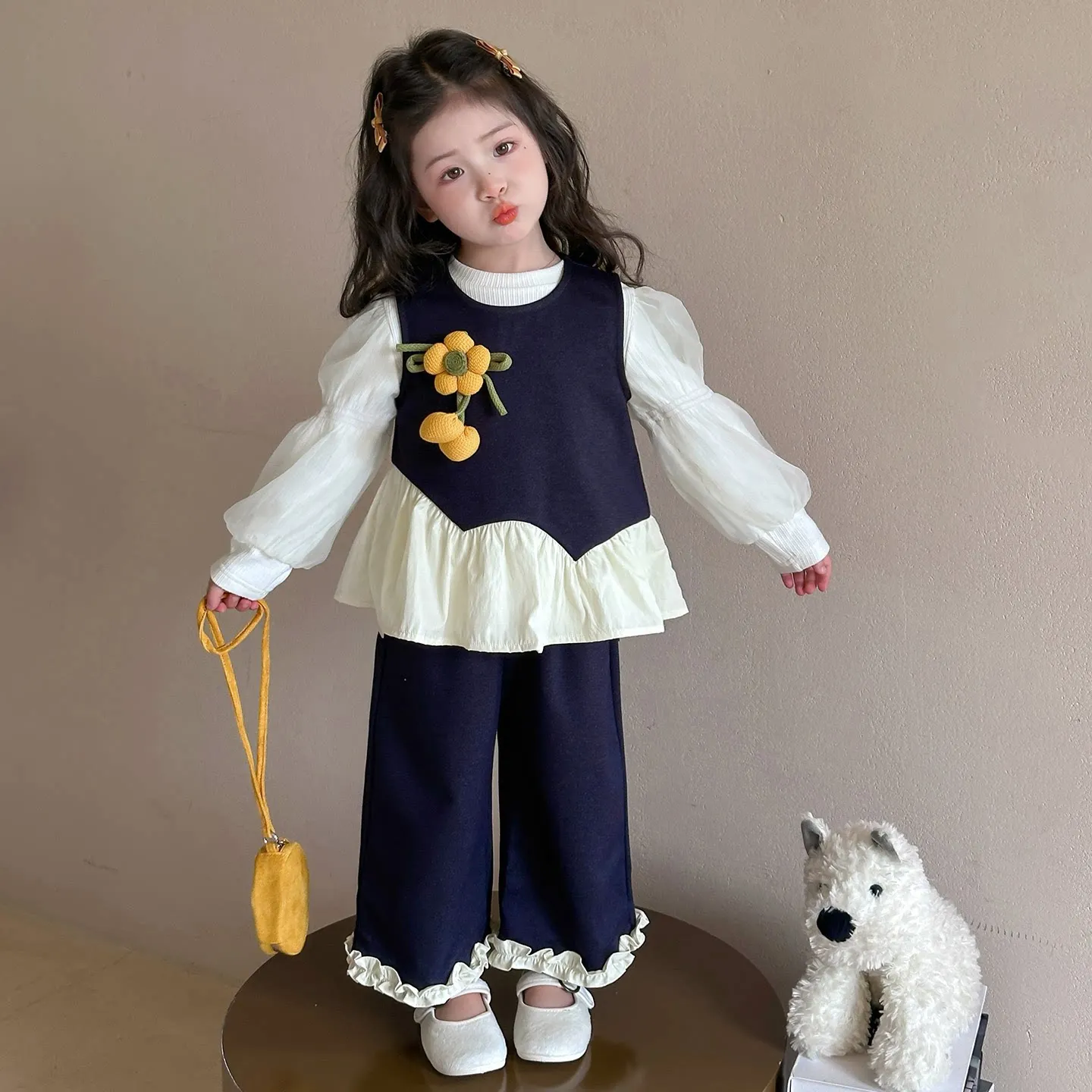 Girls' 3Pcs Clothing Set Spring Autumn Cute Floral Ruffled Panel Tank Top Bubble Sleeve Blouse Straight Pants Outfit Set