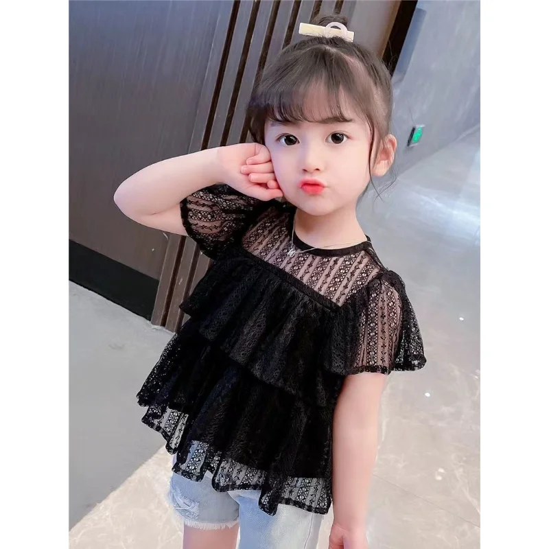 2024 New Fashion Black Blouse for Kids Girls Summer Children Short Sleeve Shirts O-neck Patchwork Lace Korean Style Shirt Q502