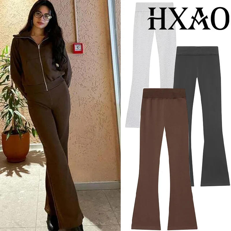 

HXAO 2026 флисовые женские брюки, весенние расклешенные брюки, комплекты с высокой талией, повседневные черные, серые, коричневые брюки, женские расклешенные брюки с эластичной резинкой на талии