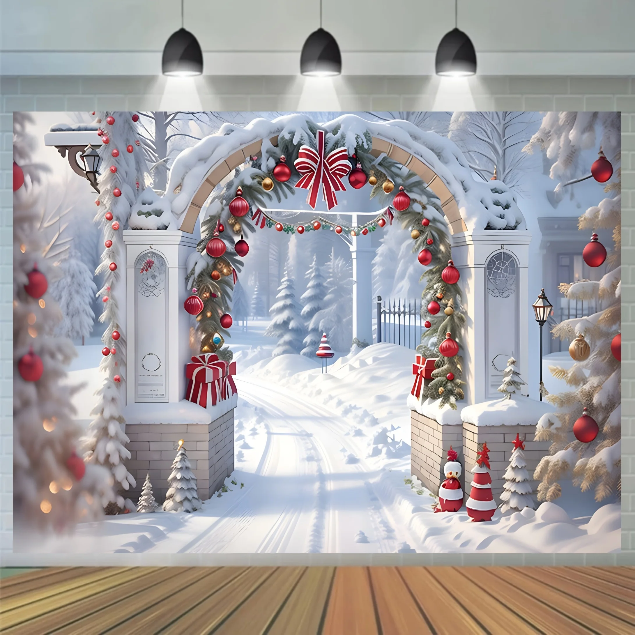 Winter Wonderland Christmas Background Cloth | Rural Arches and Snowy Trees for Party Decoration Photos