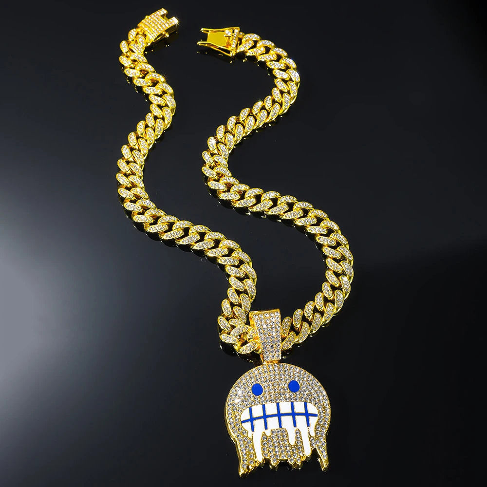 Men Hip Hop White Blue Round Face Pendants NecklacesWith 13mm Cuban Chain Iced Out Rhinestone Bling CZ Fashion Boy Jewelry Gifts