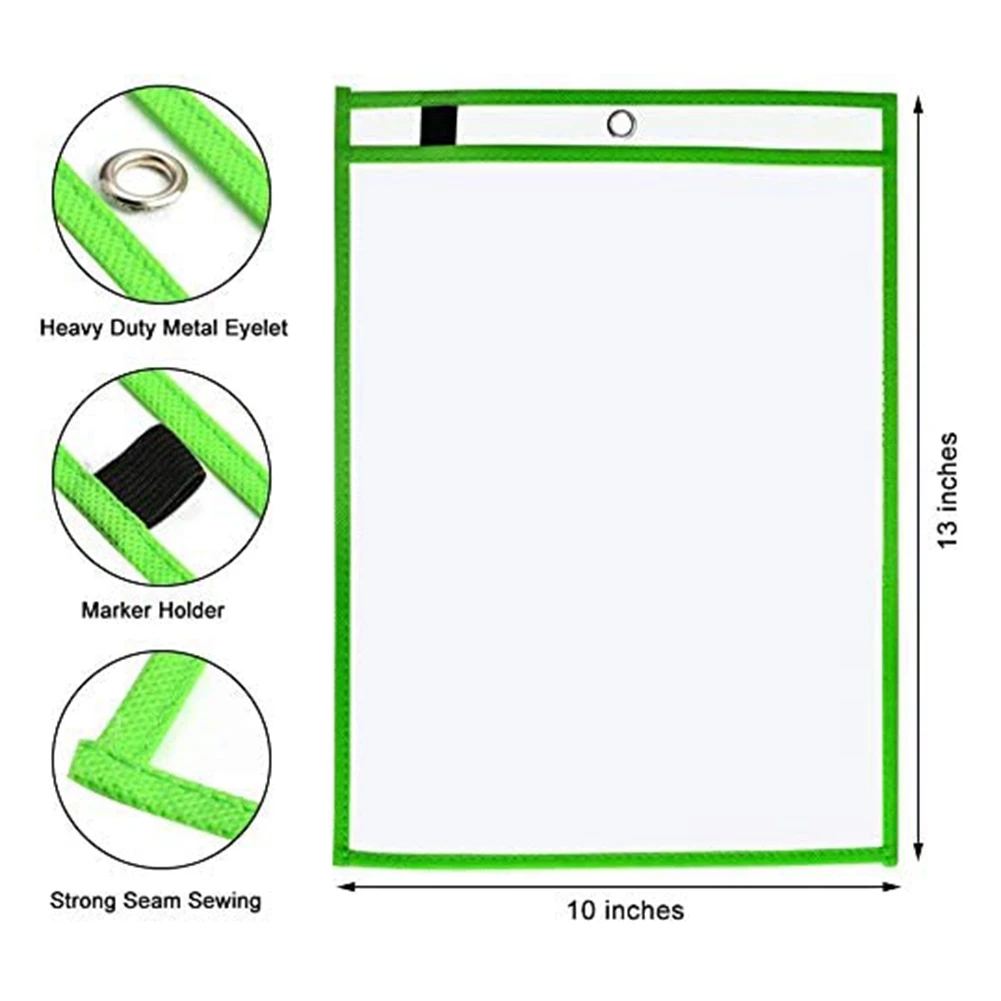 Dry Erase Pockets Sleeves, (10 Pack) A4 Paper Job Ticket Holders, Reusable Dry Erase Sheets for Classroom Worksheets