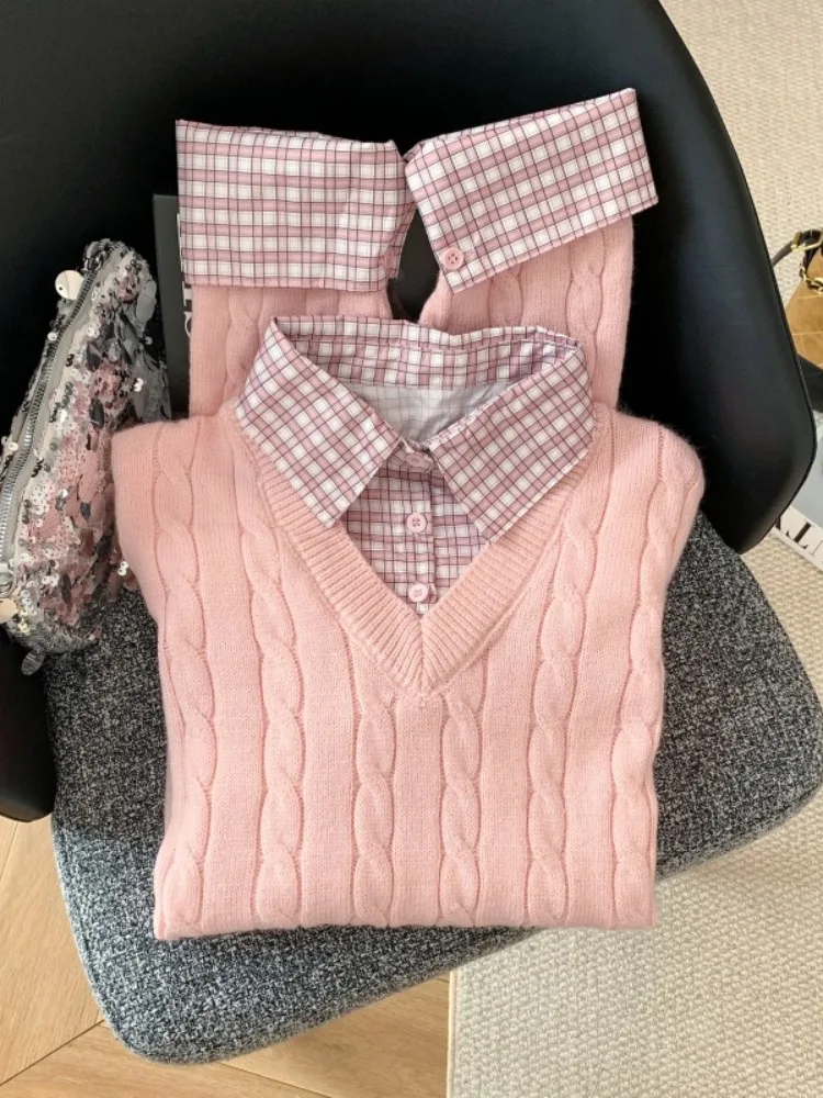 Koreaanse College Sle Twisted Knit Sweater Kraag Nep Tweedelige Dames Herfst Winter Zoete Roze Geruite Patchwork Top