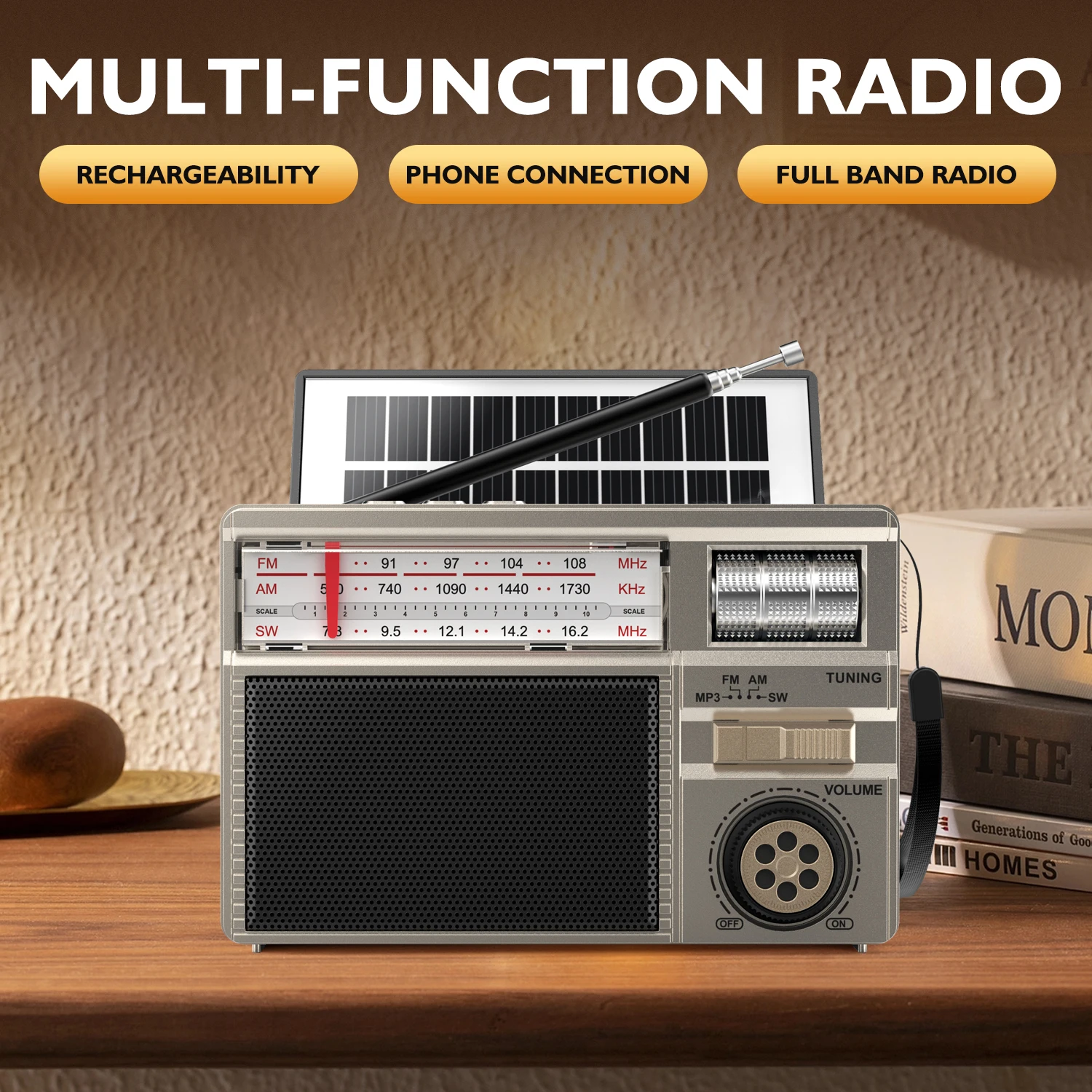 Radio Retro de Todas las Bandas, Conectividad de Audio Inalámbrica, Carga Solar y Multimodo, Batería de Larga Duración, Múltiples Modos de Reproducción