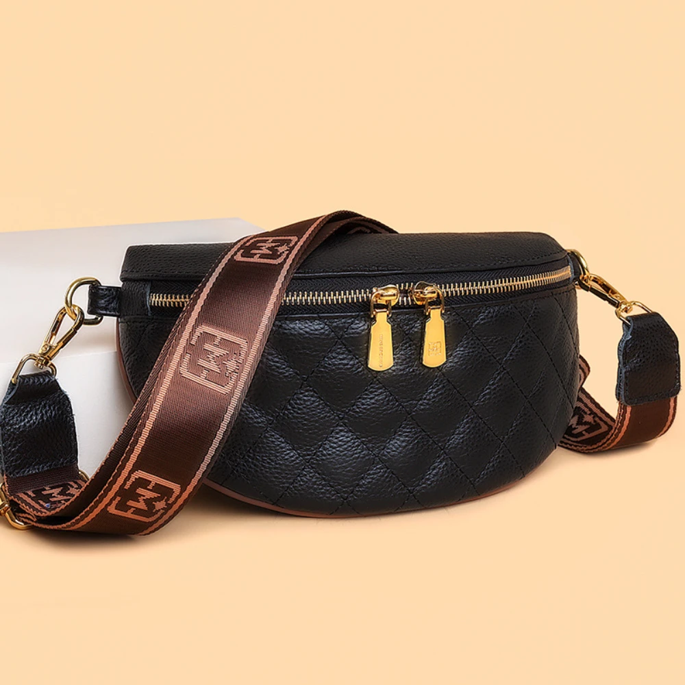 Women's Wide Strap Genuine Leather Bum Bag Women's Stylish Small Shoulder Bag Quilted Bags Shoulder Bag for Festival Travel