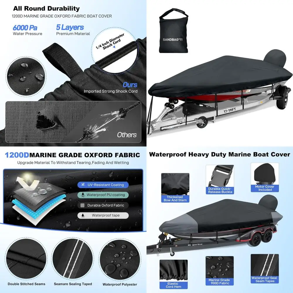 

Waterproof 1200D Canvas Boat Cover for 17-19ft V Hull Bass Tracker Boats with Sand Bag Mooring