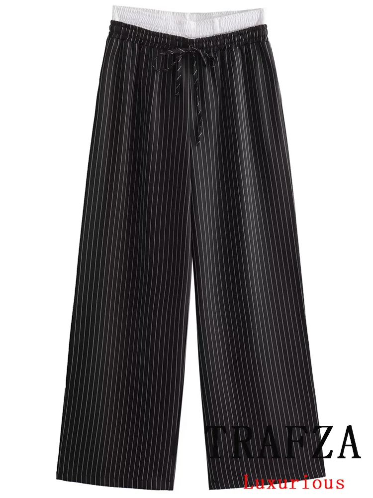 

TRAFZA Vintage Casual Chic Women Pants Striped Long Straight Lace-up Pants New Fashion 2024 Spring Summer Holiday Trousers