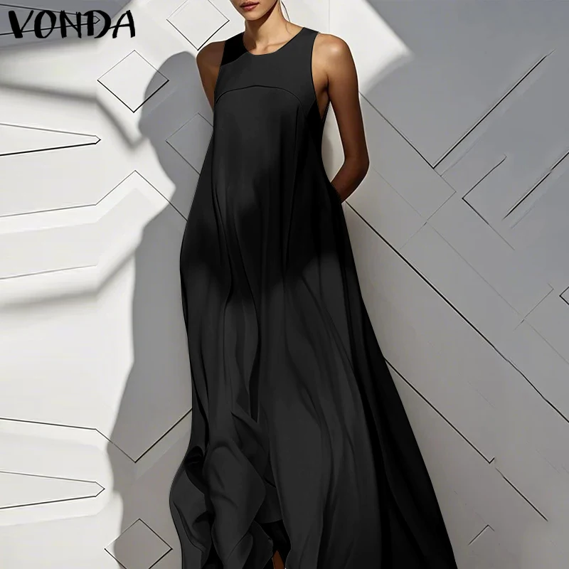 

Летнее платье VONDA больших размеров 5XL, женское длинное макси-платье, однотонный сарафан, сексуальное платье без рукавов для вечеринок, повседневное платье с рюшами, оверсайз