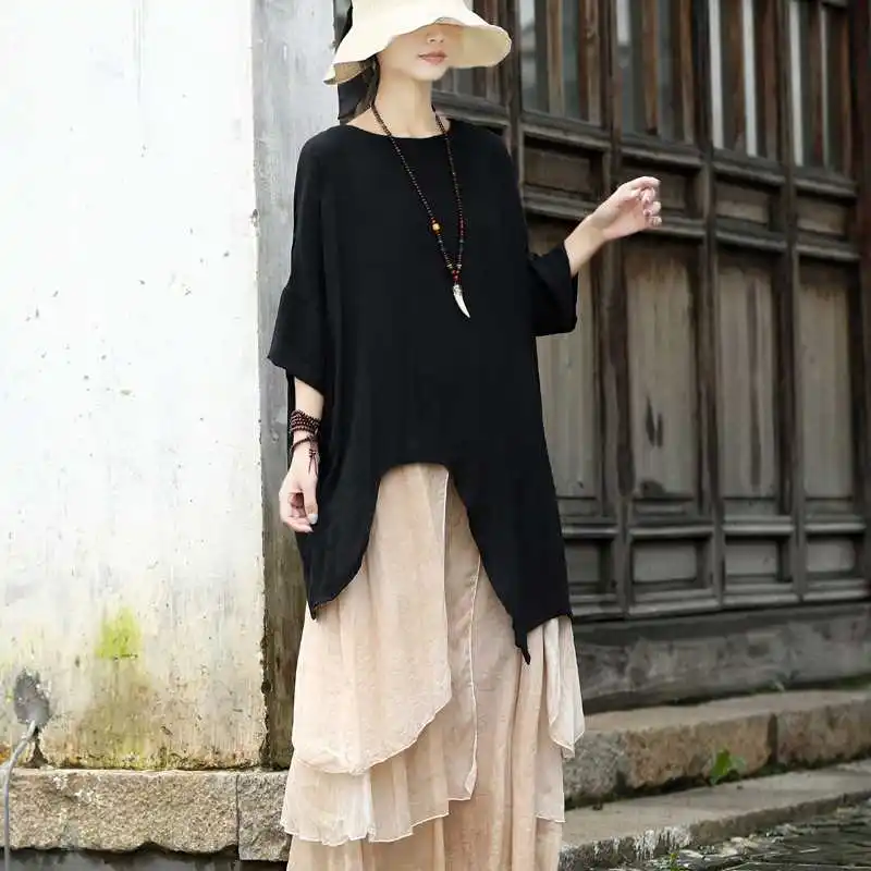 

Summer Color round Ne Long Tirt Loose Women's Top Cotton 00% Mid-Length Five-Sve Pattern Women's Faion
