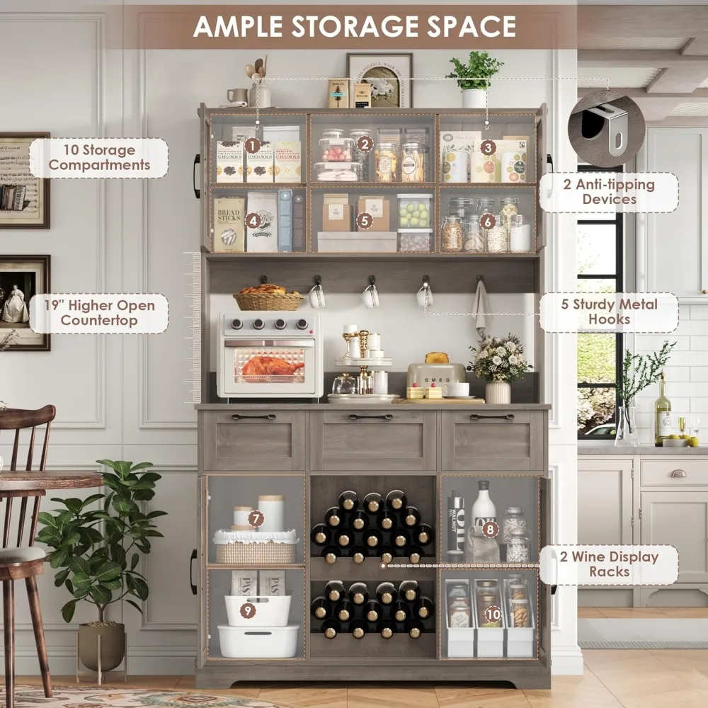 Farmhouse Style Kitchen Pantry Hutch with Storage, Coffee Bar, Wine Rack, and Microwave Stand, Tall Storage Cabinet