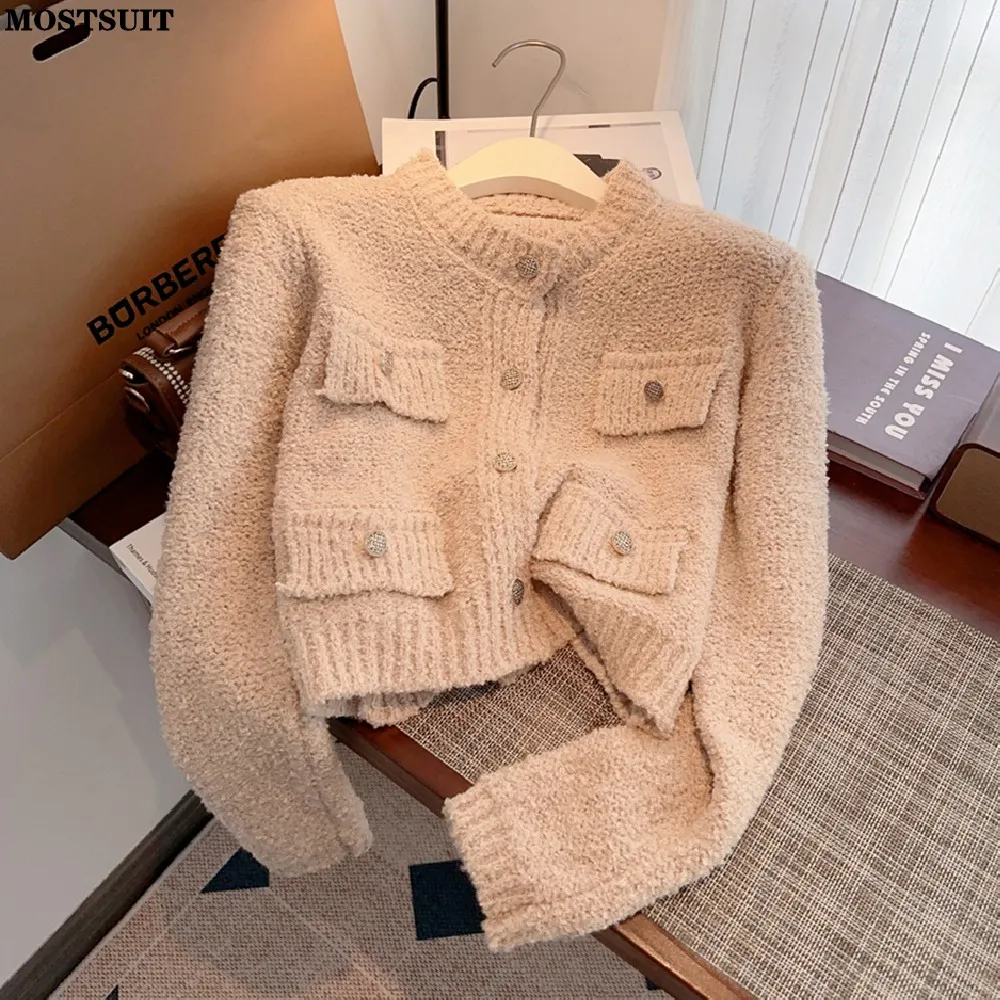 Stylish Elegant Thicken Knit Sweater Cardigan Women Long Sleeve O-neck Single-breasted Crop Tops Jumpers Fashion Solid Coat 2024