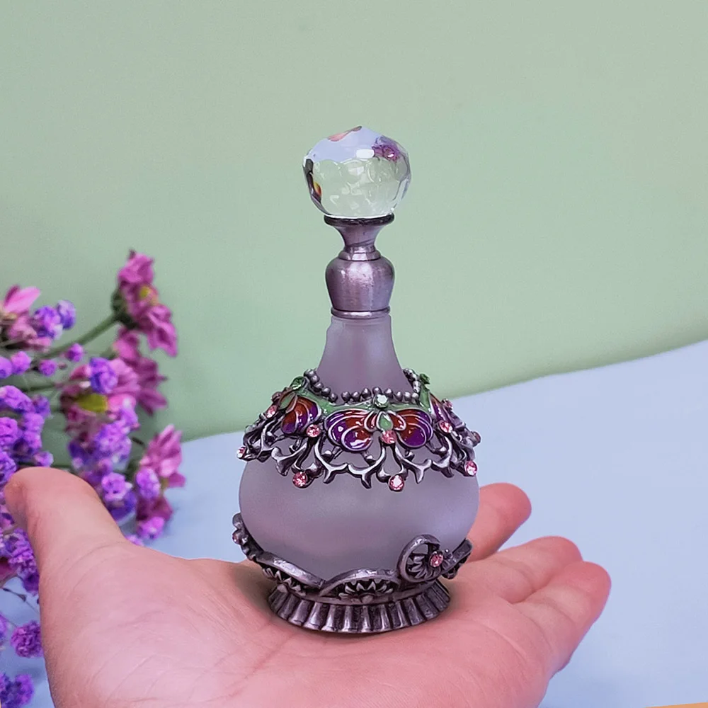 23ml Vintage Perfume Bottle Purple Diamond Cut / Antique Butterfly Metal Empty Glass Dropper Women Girl Gift