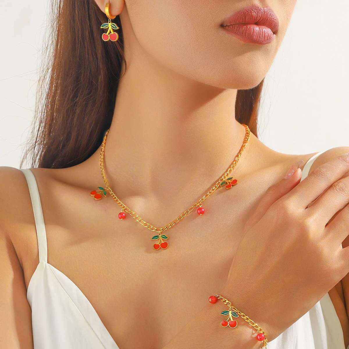 DIEYURO 316L Stainless Steel Red Cherry Fruit Pendant Necklace Earrings Bracelet Set Girl New Trend Waterproof Jewelry Gift Sets