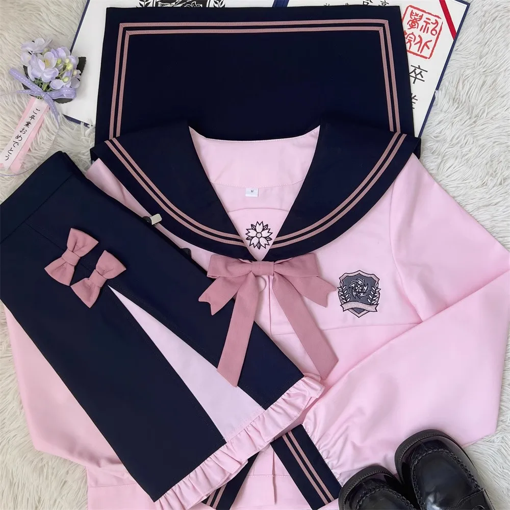 Korean School Pink Jk Uniform Skirt Girl Seifuku Long Sleeve Japanese School Clothes for High School Student Sailor Suit Women