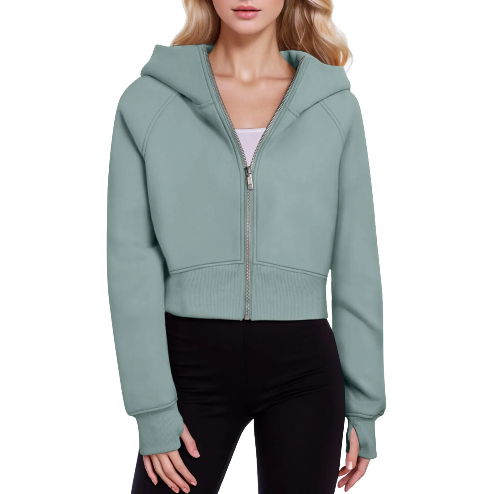 

Zip Up Hooded Women's Cropped Jackets Coat Leisure Plush Long Sleeved Female Outwear Solid Color Simplicity Casual Overcoat