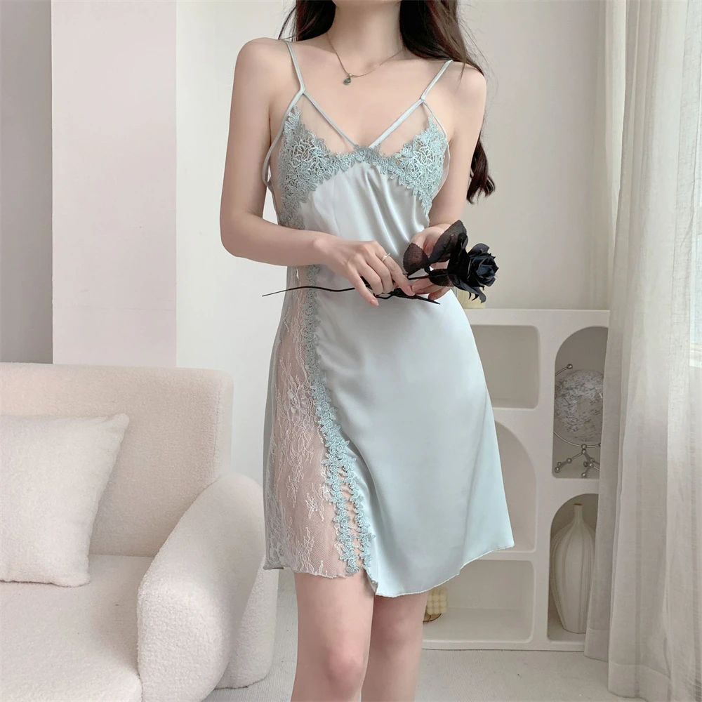 Sexy Transparent Lace Hollow Nightgown Female Suspender Backless Nightdress Underwear Ladies V-neck Nighties Lingerie Loungewear