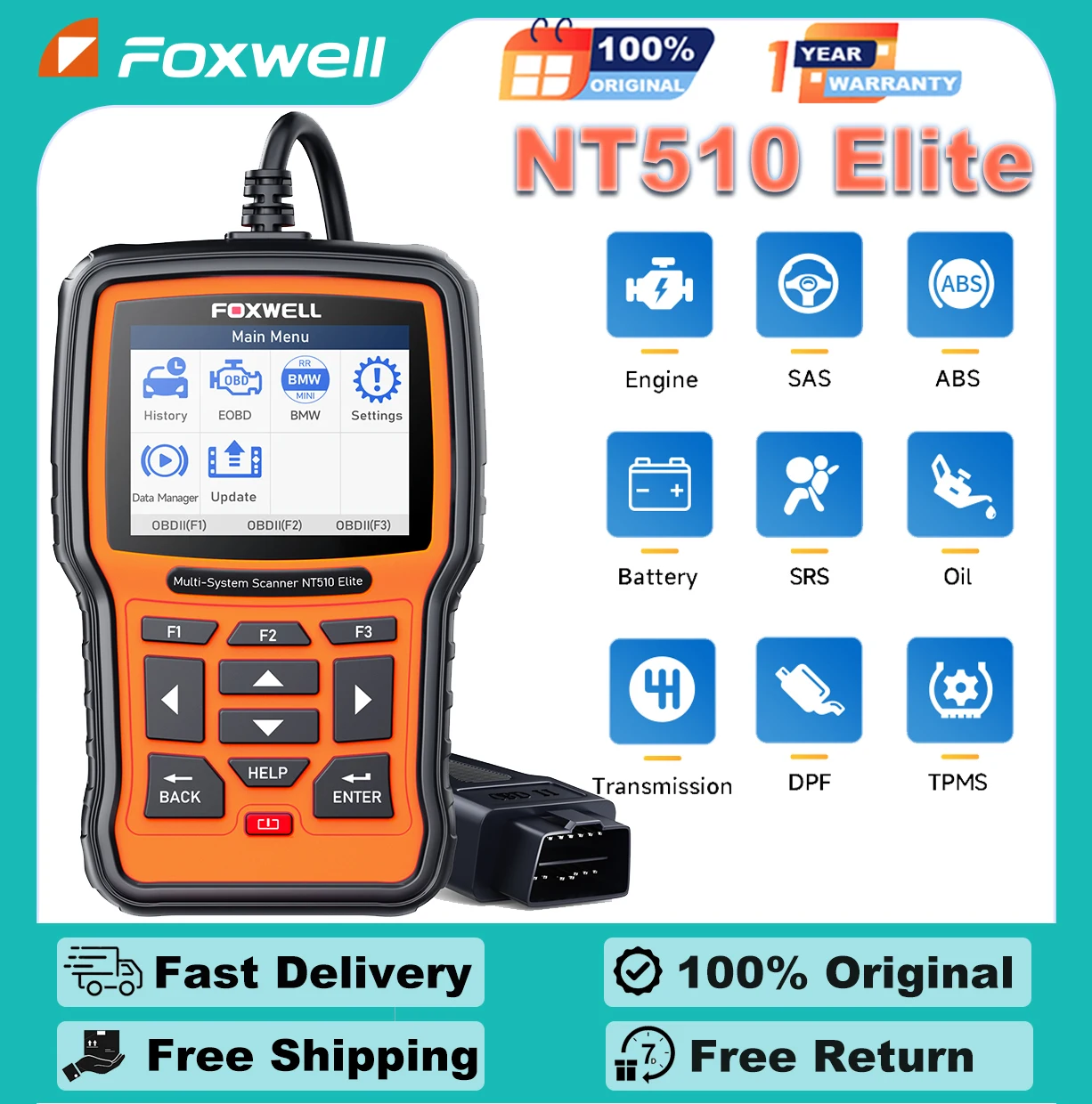 FOXWELL NT510 Elite Scan Tool fit for Car Scanner Full Diagnostic Tool OBD2 Scanner All System Bi-Directional Control Code Read