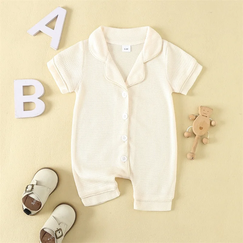 Lioraitiin Infant Girls Boys Romper Pajama Lapel Neck Short Sleeve Contrast Trim Button Down Waffle Jumpsuit Sleepwear Clothes