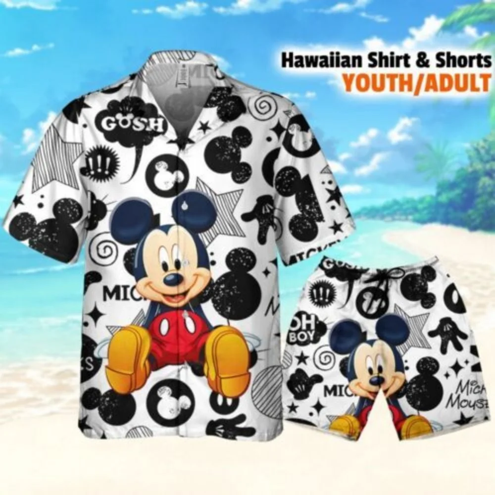 

New Disney Hawaii 3d printed shirt New men's and women's fashion Mickey button short sleeve short suit Disney beach childre