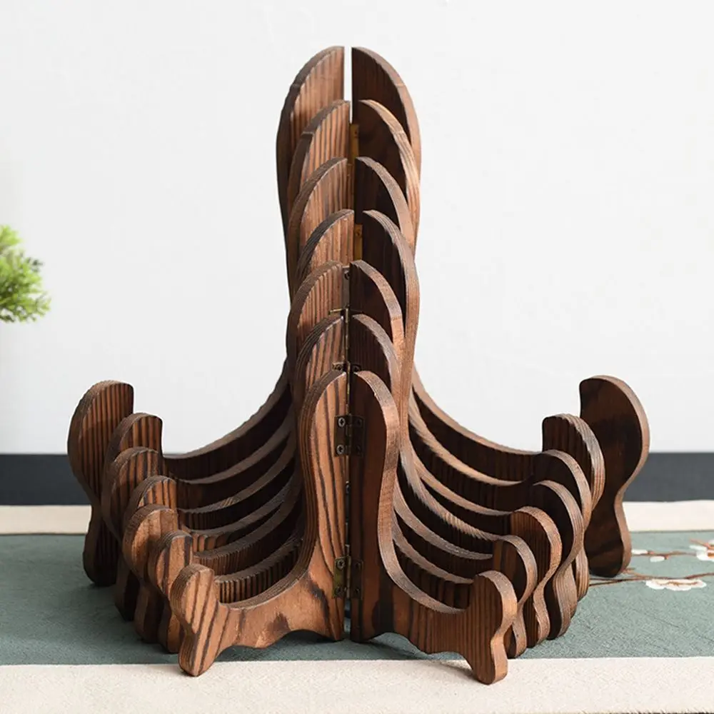 Retro Wood Plate Tea Cake Dish Foldable Porcelain Plate Display Decorative Rack Easel Storage Rack Display Stand