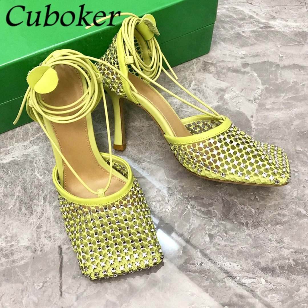 2022 New Brand Runway Women High Heel Net Mesh Crystal Sandals Ankle Strap Pumps Square Toe Summer Party Dress Women Shoes mujer