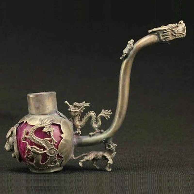 

Exquisite Chinese Vintage Tibetan Silver Inlaid with Artificial Jade Handwork Dragon Smoking Pipe