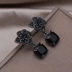 Korean New Design Fashion Jewelry Premium Black Camellia Square Pendant Earrings Elegant Women's Party Accessories