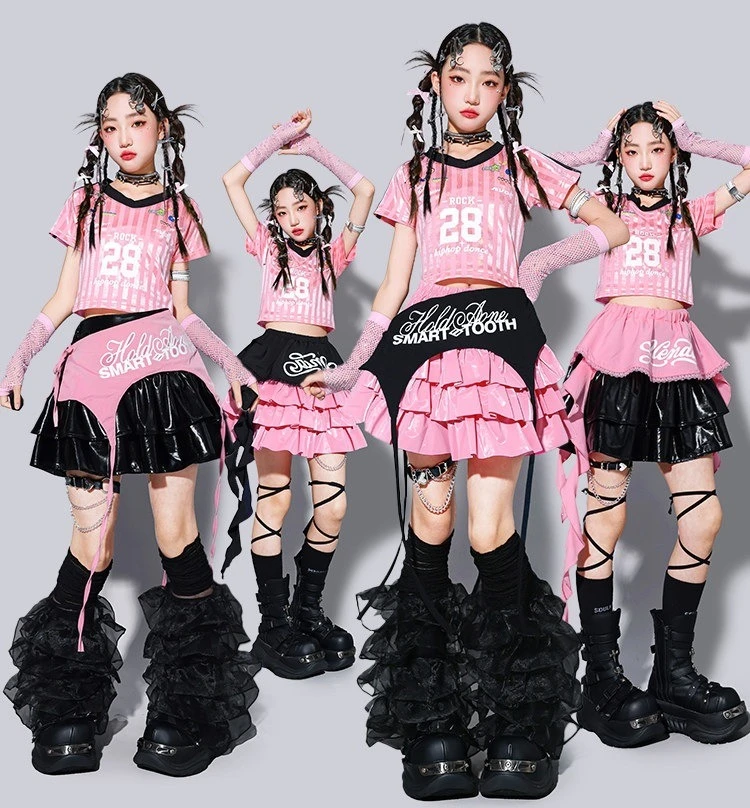 Kids K-pop Crop Top Street Dance Shiny Pleated Skirt Girls Hip Hop Streetwear Children Jazz Costume Girl Group Stage Clothes Set