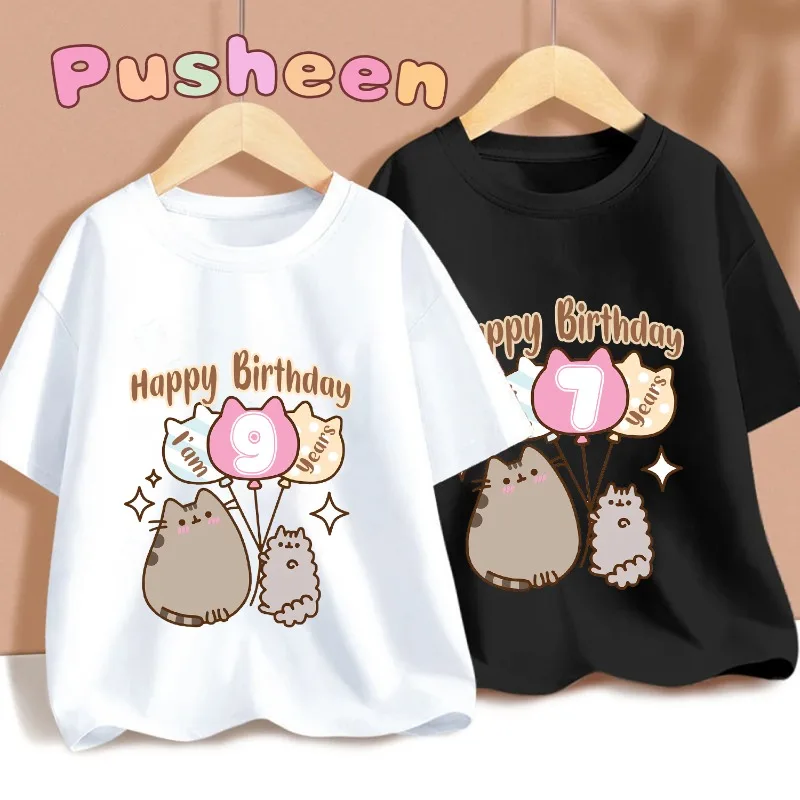 Cute Pusheen Children T-shirt Cartoon Birthday Number Tee Anime Clothing Short Sleeved Clothes Cat Girls Summer Tops Decor Hot