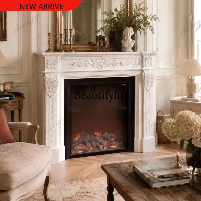 Fireplace Quiet Wind Natural Elegant White Marble Living Room Advanced French Medieval Designer Fireplace Rack
