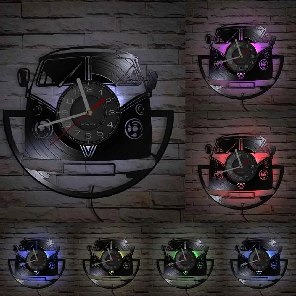 Minibus Vintage Wall Clock Made Of Vinyl Record Van Vehicle Travelling Car Laser Etched Wall Watch With LED Disk Crafts Decor