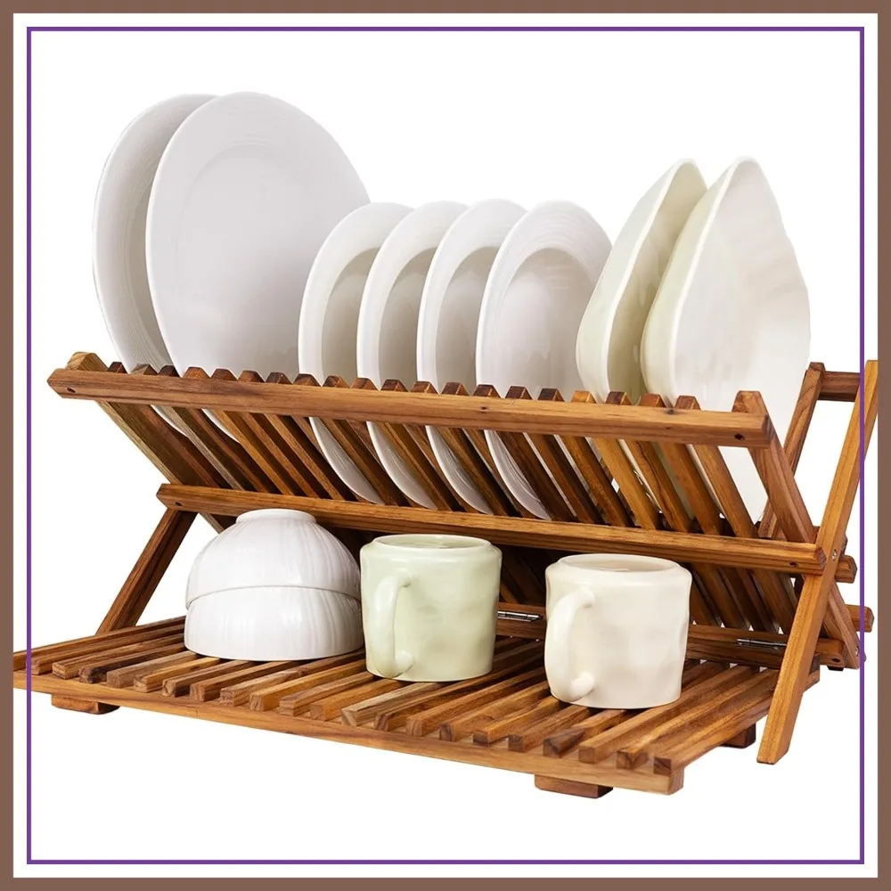 

Large 3-Tier Wooden Dish Drying Rack, Collapsible Countertop Kitchen Organizer for Plates and Cups