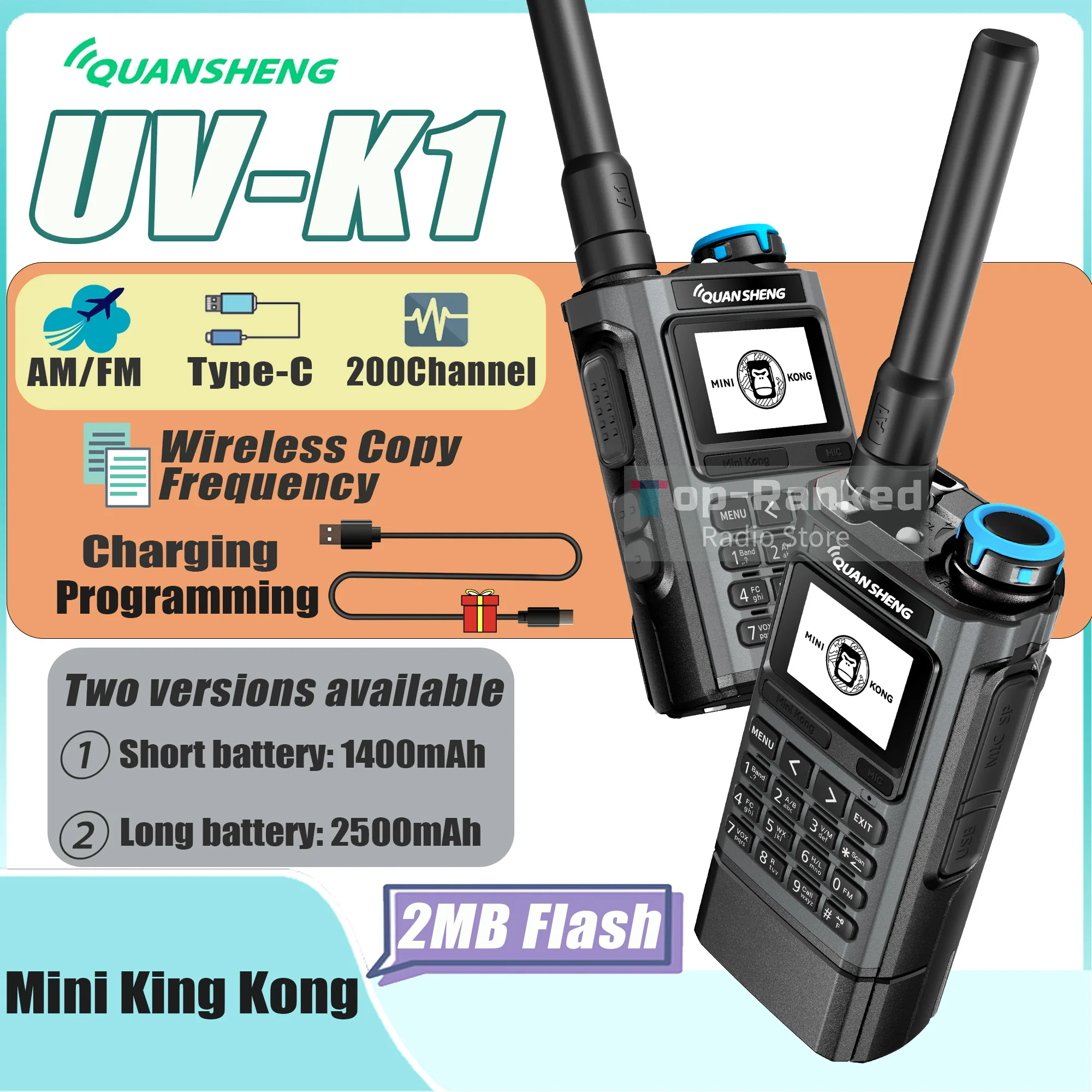 Quansheng UV-K1 Mini Walkie Talkie 2MB Flash Type-C Charging Programming 50-600mhz Receiving NOAA AM FM 1400mAh/2500mAh Optional