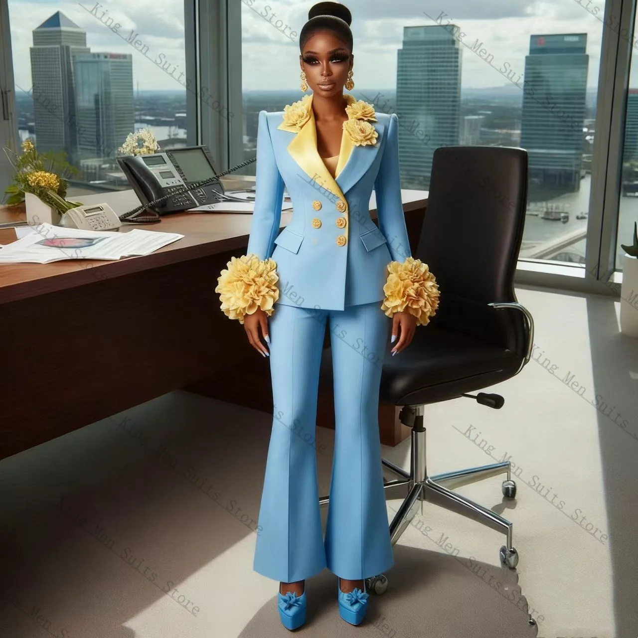 Light Blue Women Suit Set 2 Pcs Blazer+Pants Trousers Ruffles Sleeves Customized Formal Guest Wedding Tuxedos Coat Jacket