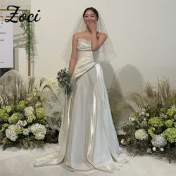 Zoci Elegant Strapless Korea Wedding Dresses Soft Satin Pleats V Neck Photos Shoot Dress Customized Backless Corset Bridal Gown
